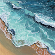 Aerial painting of ocean waves breaking on a sandy beach with rocky outcrops