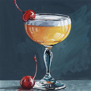 Painting of a golden cocktail in a coupe glass with a cherry garnish on a dark teal background