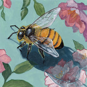 Illustrated honeybee among pink and purple flowers on a teal background
