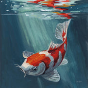 Painting of an orange and red koi fish swimming underwater beneath sunbeams