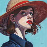 Painted portrait of a woman in a red-trimmed straw hat against a turquoise background
