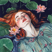 Painting of a woman floating in dark water surrounded by lily pads and pink water lilies