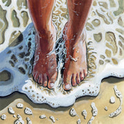 Illustration of bare feet standing in foamy ocean surf on a sandy beach, viewed from above