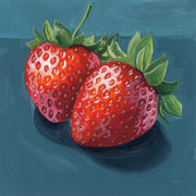 Painting of two strawberries with green leaves on a teal background, casting a dark shadow.