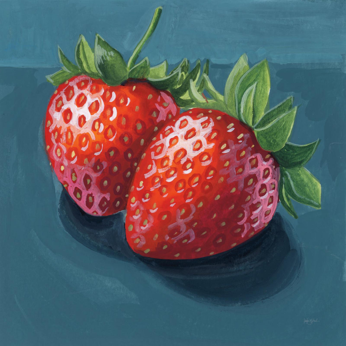 Painting of two strawberries with green leaves on a teal background, casting a dark shadow.