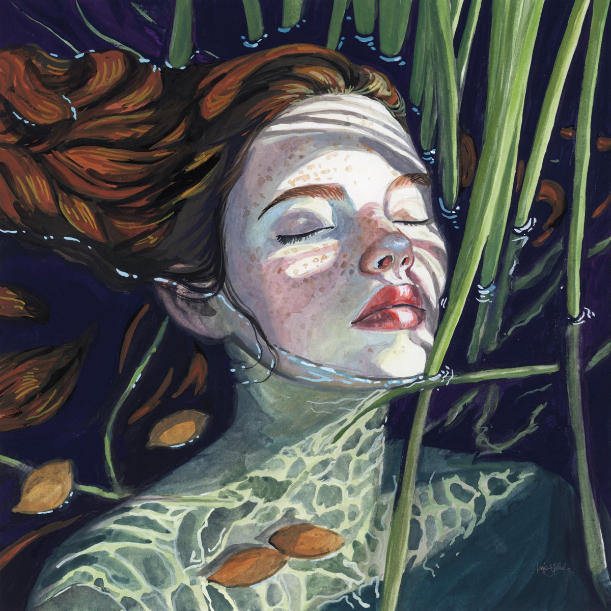 Watercolour portrait of a woman submerged underwater with red hair and floating reeds