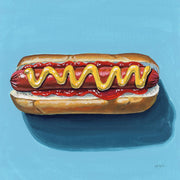 Illustration of a hotdog with ketchup and mustard zigzags on a blue background