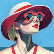 Illustration of a woman in a wide red and white hat wearing round red sunglasses against a blue sky