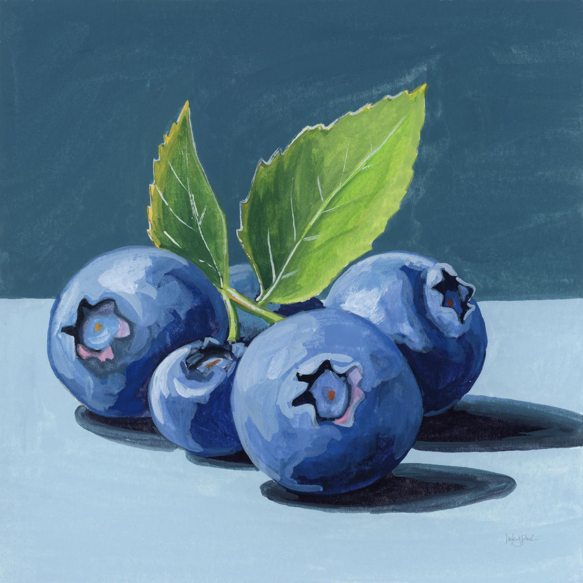 Illustrated still life of four blueberries and green leaves on blue background