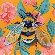 Illustrated bumblebee with spread wings against orange background with pink flowers and teal leaves