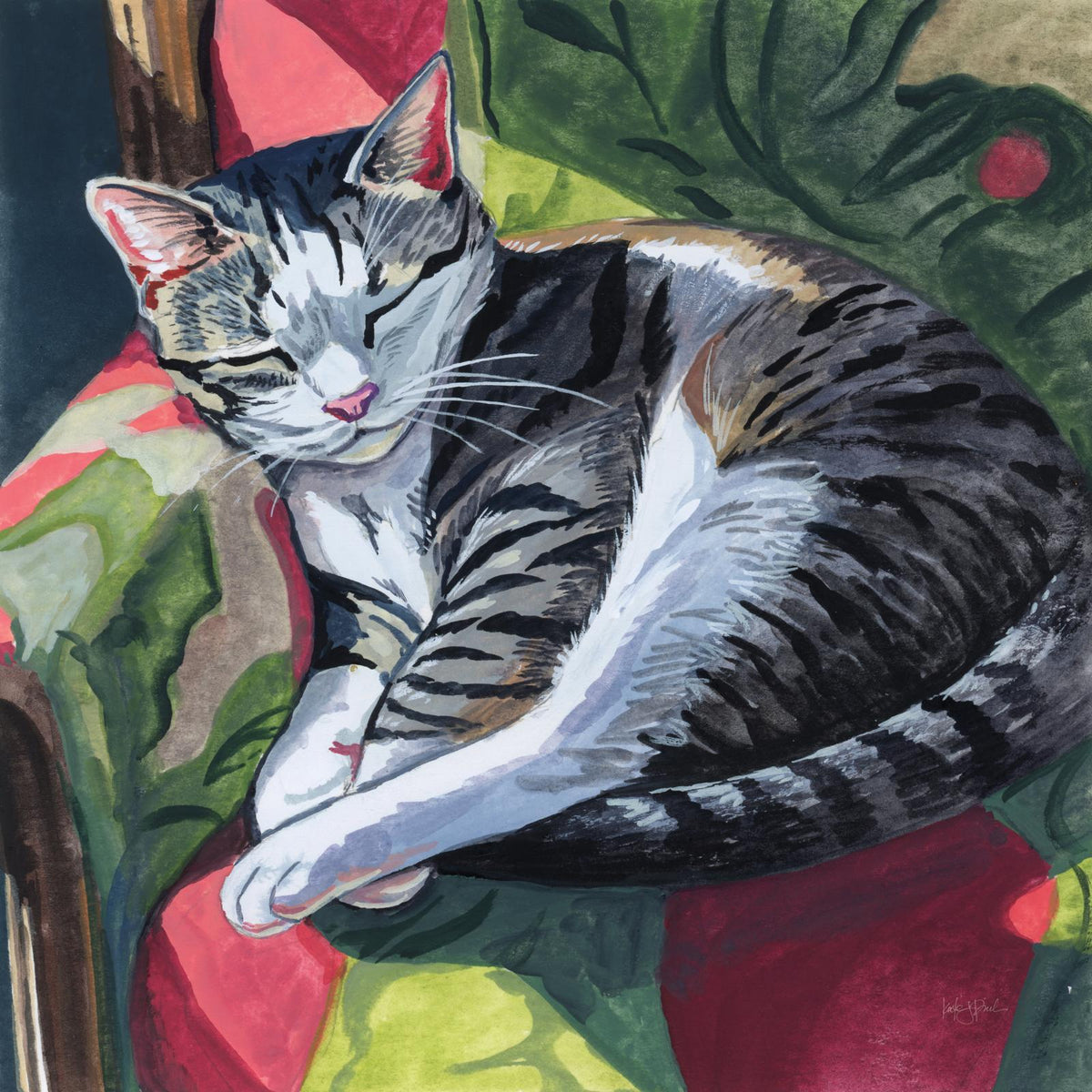 Painting of a grey and black tabby cat sleeping curled on a red and green floral chair