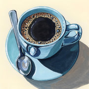 Painting of black coffee with crema in a blue cup and saucer with a silver spoon