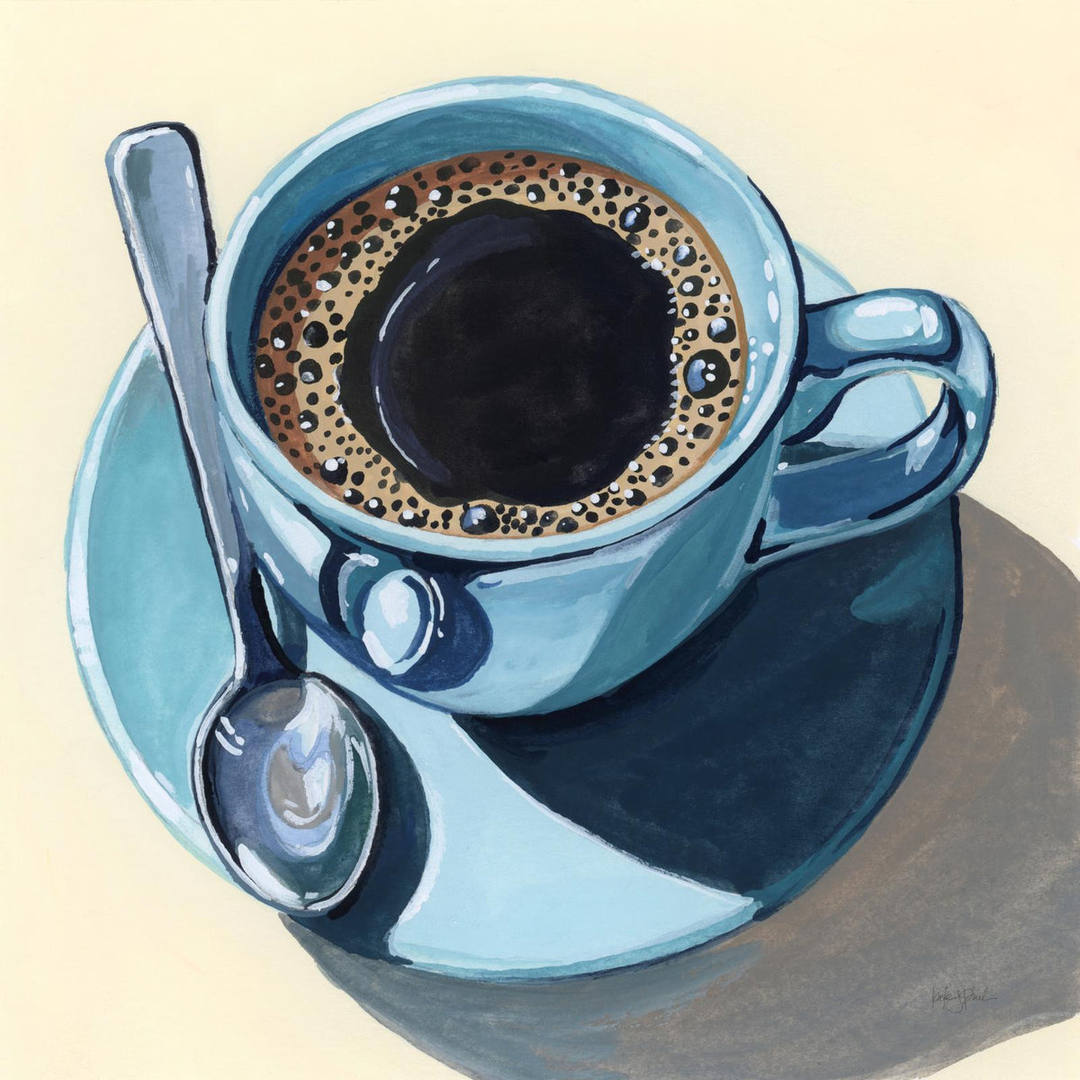 Painting of black coffee with crema in a blue cup and saucer with a silver spoon