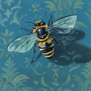 Illustration of a bee against a teal damask patterned background