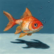 Illustration of an orange goldfish swimming with bubbles and a long shadow beneath it