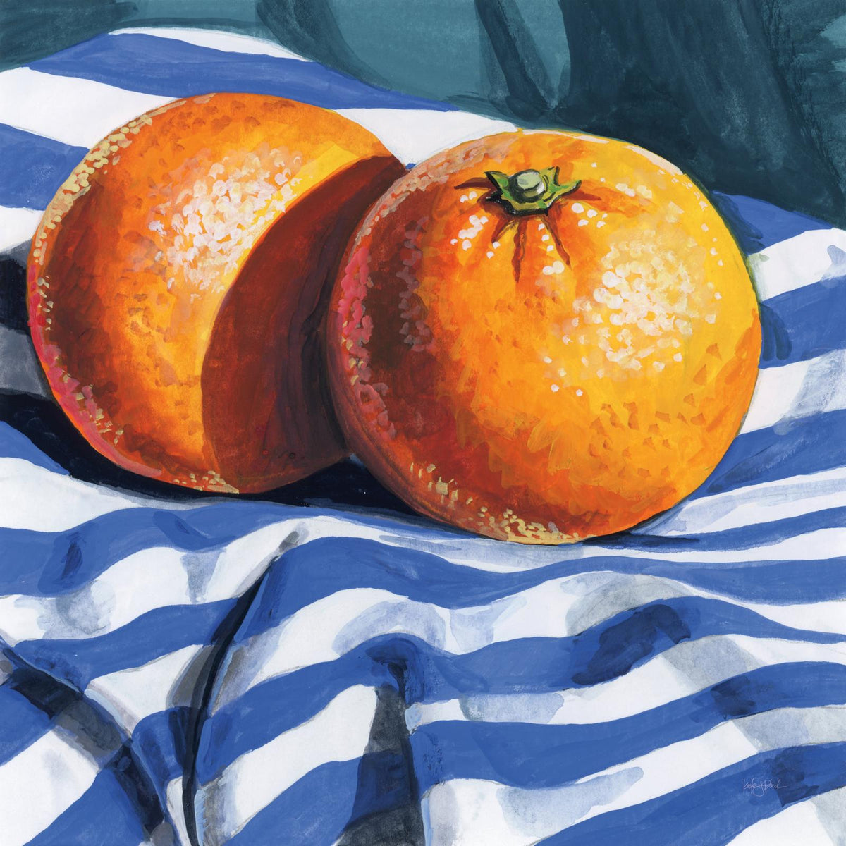 Painting of two oranges, one sliced in half, on a blue and white striped cloth