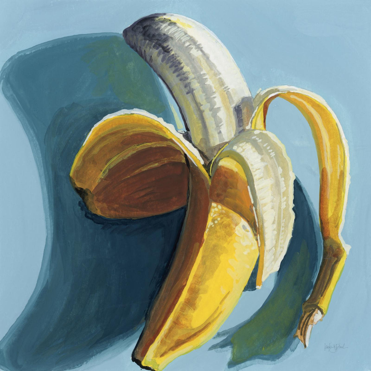 Painting of a peeled banana with brown-edged skin against a blue background