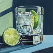 Painting of a gin and tonic glass with ice and lime beside a halved lime on a blue surface