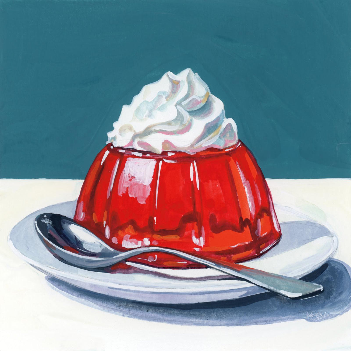 Painting of a red jelly mould topped with whipped cream on a plate with a spoon