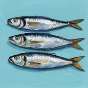 Painting of three fish with silver scales and gold fins laid on a turquoise background