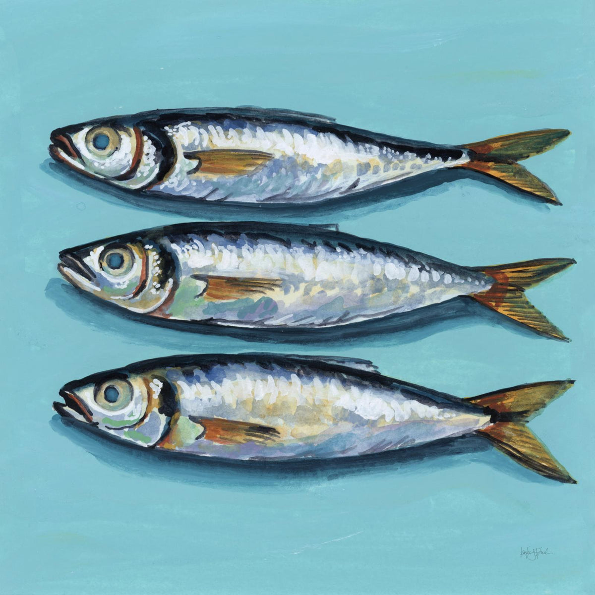 Painting of three fish with silver scales and gold fins laid on a turquoise background