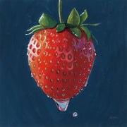 Painting of a single red strawberry with green leaves and dripping juice on a navy background
