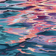 Abstract painting of sunlit water ripples in teal, pink, purple and coral tones