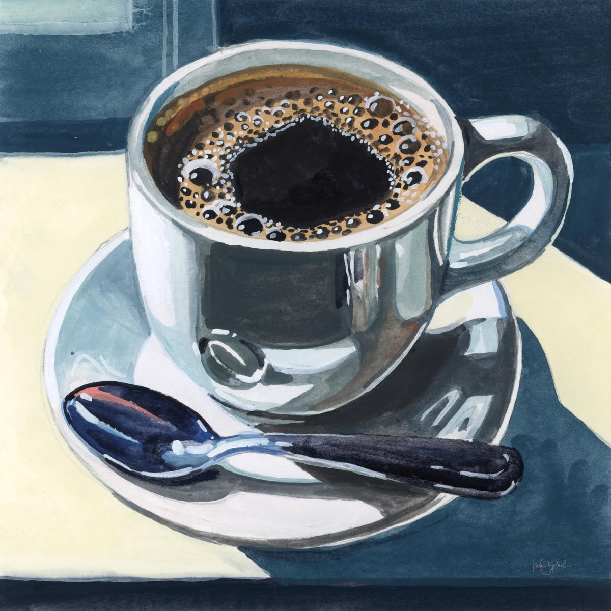 Painting of a coffee cup with crema on saucer and spoon against a navy background