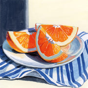 Painting of orange wedges on a plate with a blue striped cloth