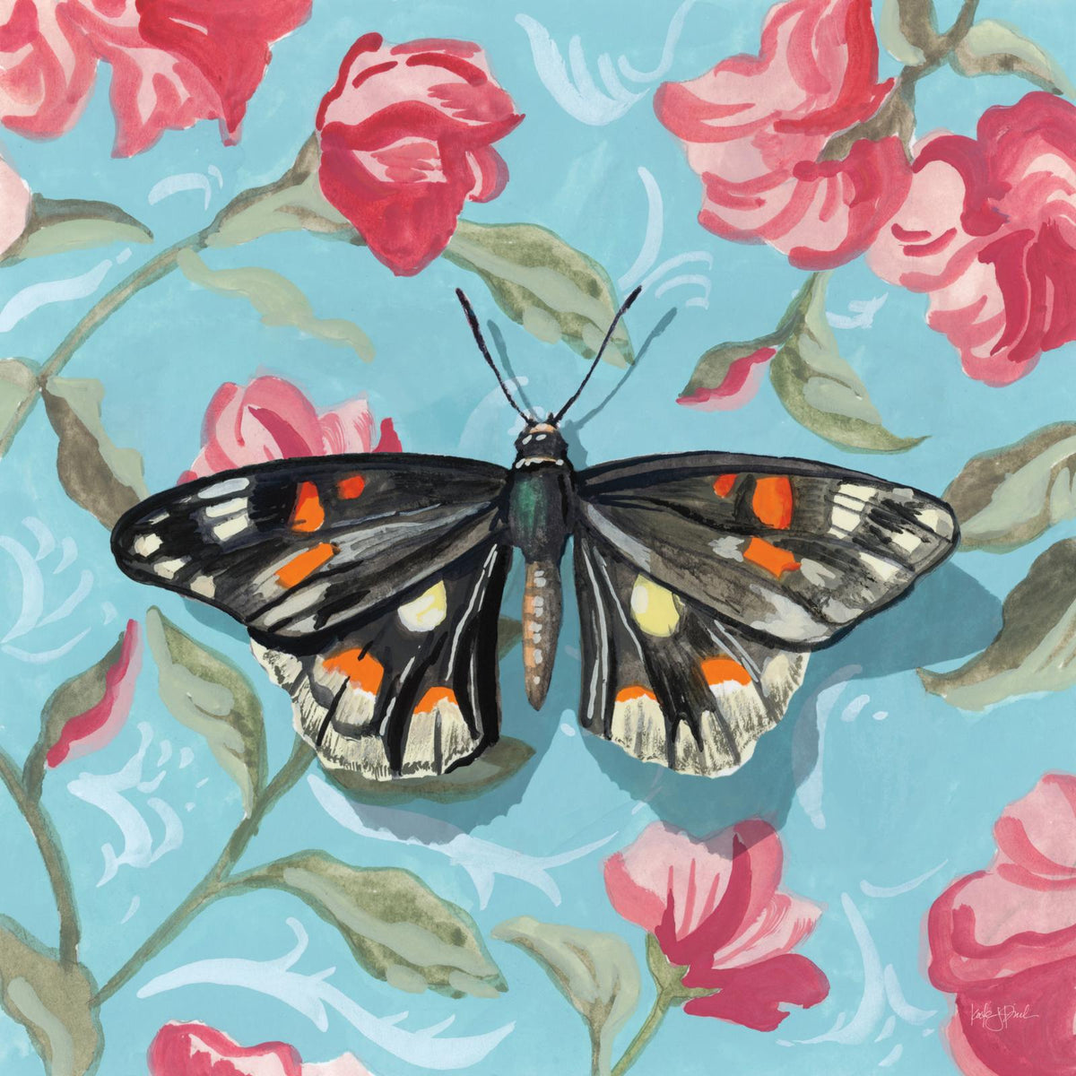 Illustrated moth with orange and white wing markings on a turquoise floral wallpaper background