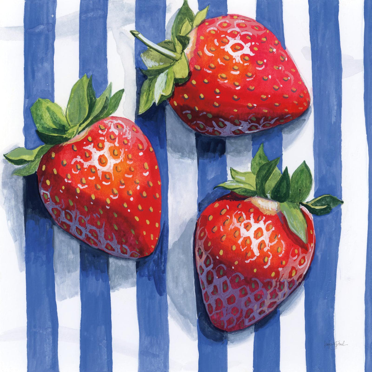 Painting of three strawberries on a blue and white striped background