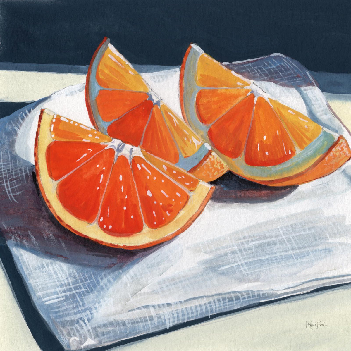 Painting of four orange wedges on a white cloth against a dark navy background