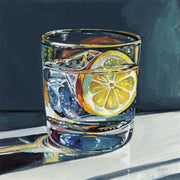 Painting of a glass tumbler with lemon slice and ice against a dark blue background