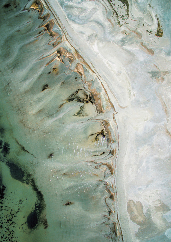 Aerial photograph of a salt flat with winding sage green and cream patterns