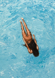 Aerial painting of a swimmer diving into blue pool water, dark hair, black swimsuit