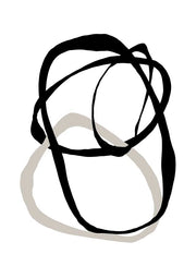 Abstract line drawing of overlapping black loops with a thin beige curve on white