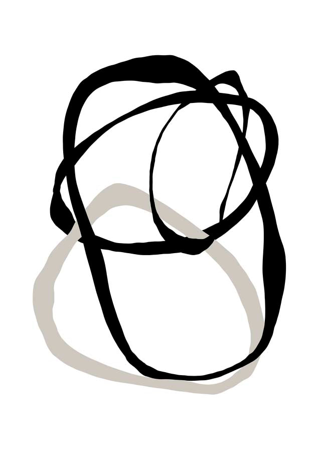 Abstract line drawing of overlapping black loops with a thin beige curve on white