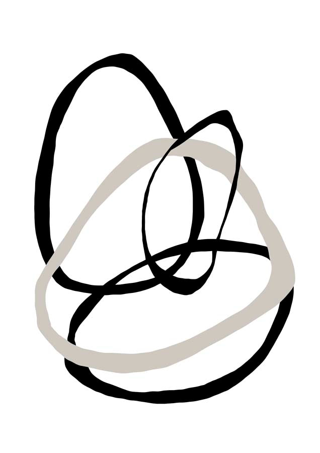 Abstract line drawing of overlapping black and beige loops on a white background