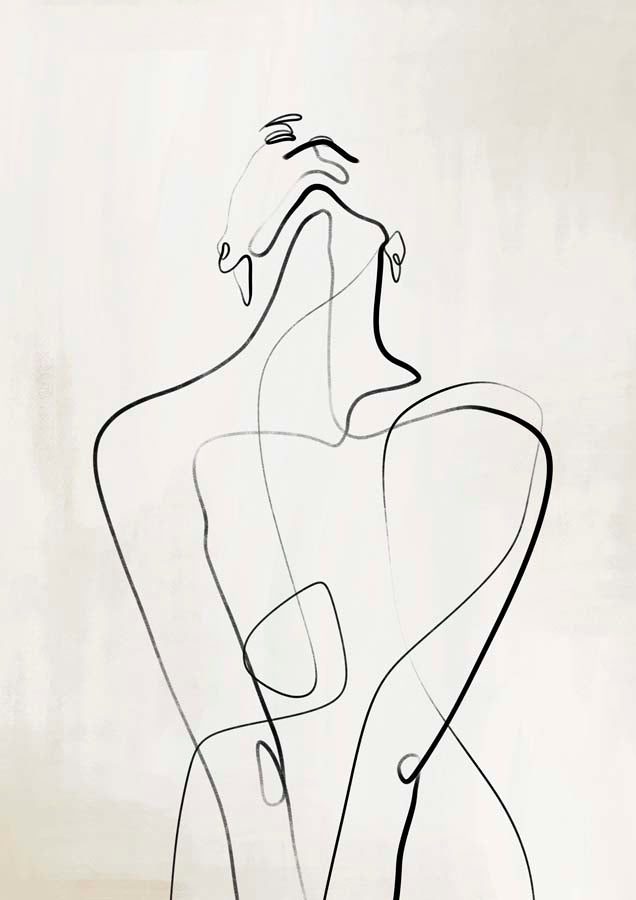 Line art drawing of a figure from behind on a warm off-white background
