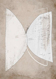 Abstract artwork of two curved white forms meeting at a point on a taupe background