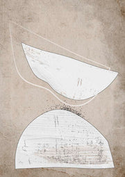 Abstract print of two curved white geometric shapes on a textured beige background
