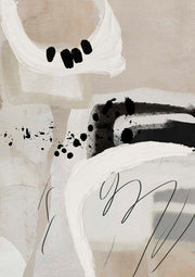 Abstract artwork with white brushstrokes, black ink splatter and neutral tones