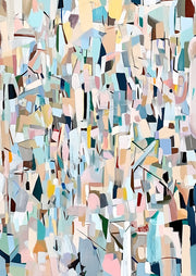 Abstract painting with pastel geometric fragments in pink, aqua, mustard and navy.