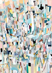 Abstract painting of fragmented pastel geometric shapes in blue, pink and mint with black linework