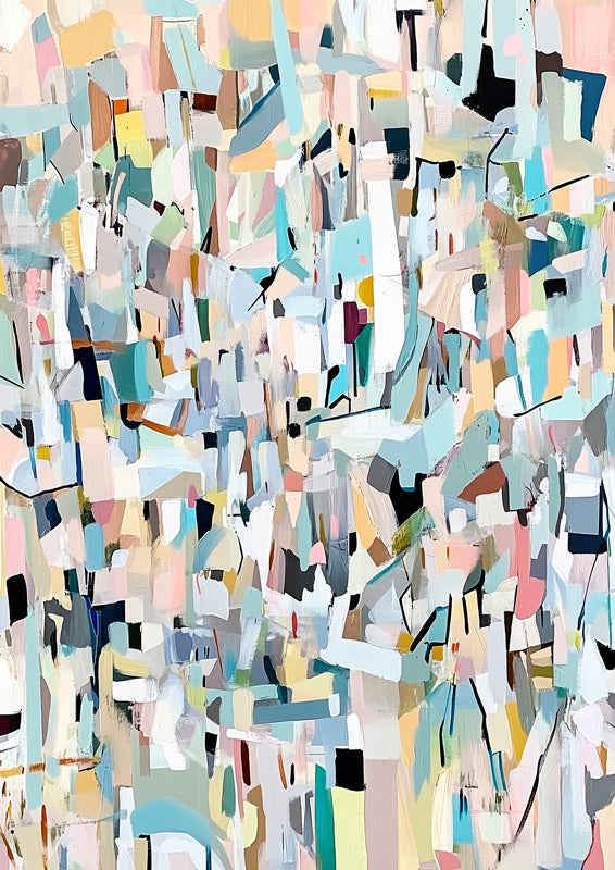 Abstract painting of fragmented pastel geometric shapes in blue, pink and mint with black linework