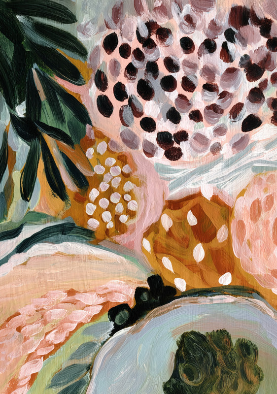 Abstract painting of clustered berry-like dots, green foliage strokes and layered citrus-toned shapes in peach and ochre