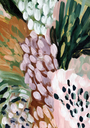 Close-up abstract floral painting with pink, white and green brushstroke clusters on orange