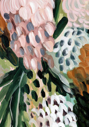 Close-up abstract floral painting with pink, grey, white and rust blooms and dark green foliage.
