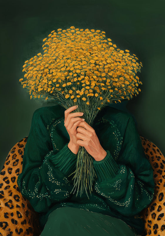 Person holding yellow floral bouquet over face, in green knit, seated in leopard print chair.