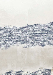 Abstract artwork with navy grid textured bands between cream and beige fields